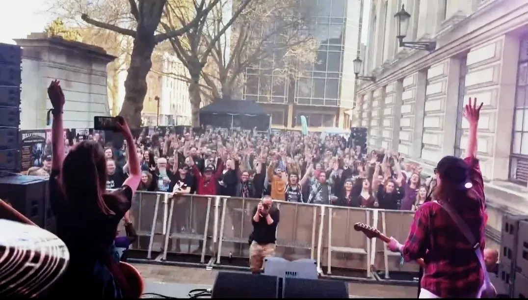 Slackrr's crowd at Takedown Festival, pictured from behind the drum kit.